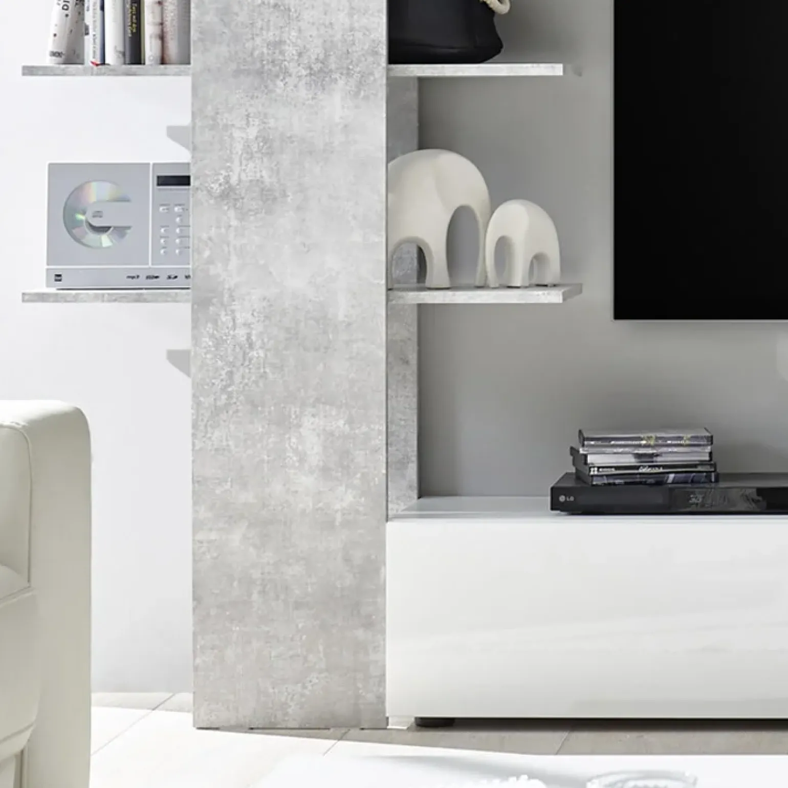 Parete attrezzata 285x187h cm bianco lucido e opaco cemento Steppi 2