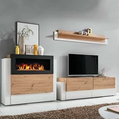 Parete attrezzata 290x175h cm con biocamino bianco rovere Arcadia Gihome®