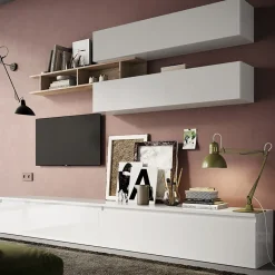 Parete attrezzata 276x190h cm design moderno bianco ludico rovere chiaro Sunset 21