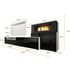 Parete attrezzata 288x170h cm moderna reversibile con biocamino nero Fire Gihome®