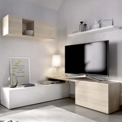 Parete attrezzata 201x155h cm moderna rovere naturale bianco lucido Gomer