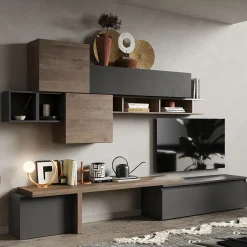 Parete attrezzata 330x195h cm moderna ossido nero rovere scuro Sunset 28