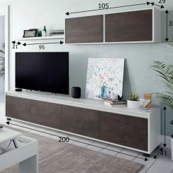 Parete attrezzata 200x145h cm  moderna soggiorno bianco opaco ossido Itaca