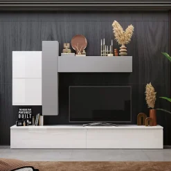 Parete attrezzata 276x210h cm moderna bianco lucido grigio chiaro Sunset 7