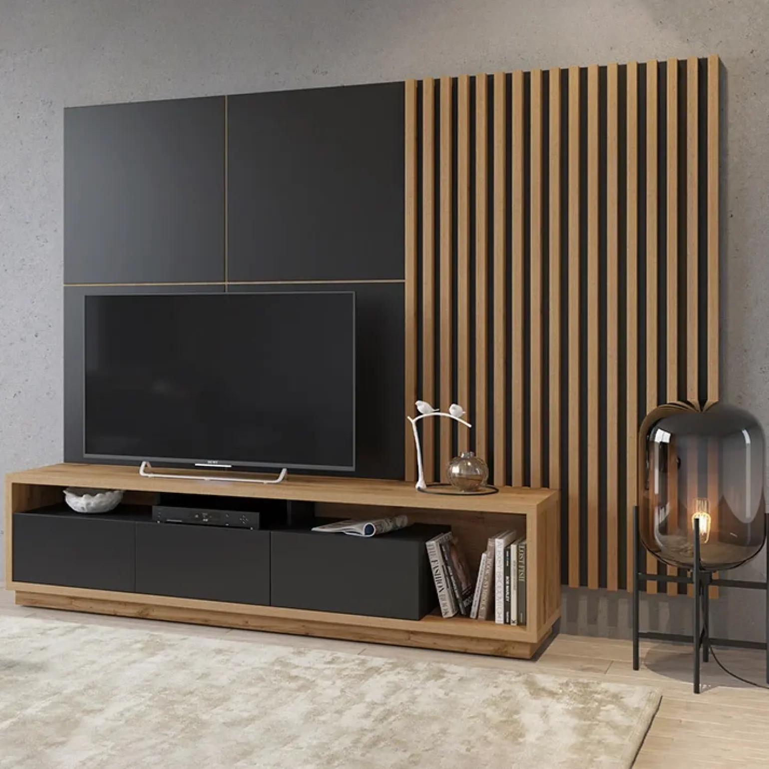 Parete attrezzata 251x196h cm moderna rovere nero Favorita