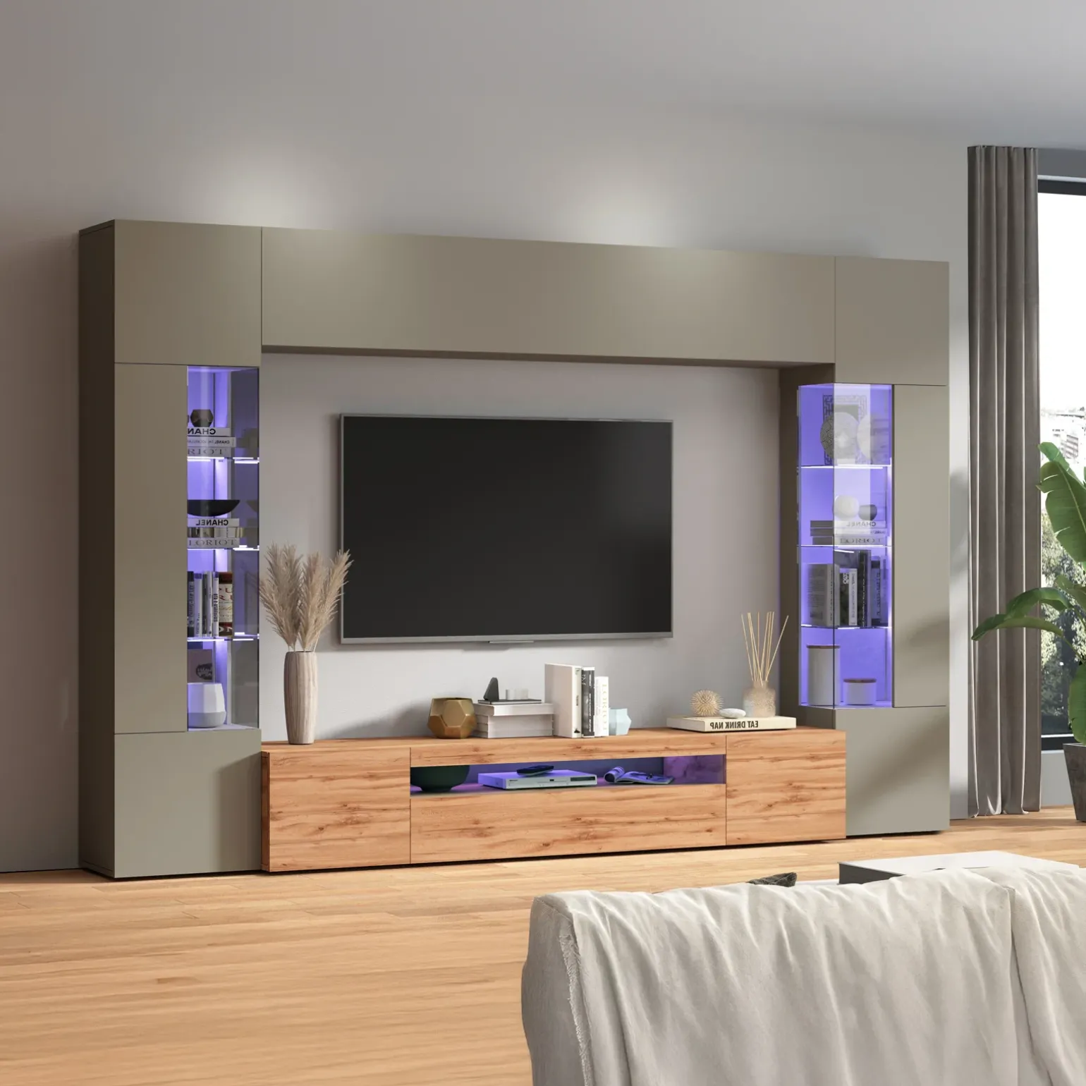 Parete attrezzata 290x190h cm moderna 2 vetrine tortora rovere Zenith 2