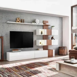 Parete attrezzata 250x160h cm soggiorno noce bianco lucido Coimbra