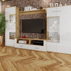 Parete attrezzata 280x185h cm soggiorno bianco lucido rovere Wall
