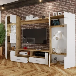 Parete attrezzata 280x185h cm soggiorno bianco lucido rovere Wall