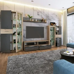 Parete attrezzata 390x201h cm soggiorno rovere grigio lucido Diran