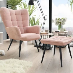 Poltrona imbottita con poggiapiedi in velluto rosa Siena