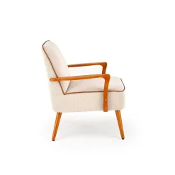 Poltrona moderna design in stoffa beige chiaro e gambe legno noce chiaro Bled
