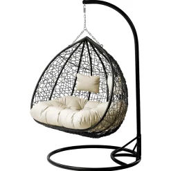 Poltrona sospesa 2 posti da giardino 120x200h cm nero con cuscini beige Ibisco