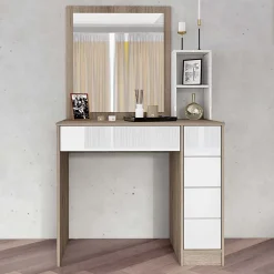 Postazione trucco 99x42cm con specchio rovere bianco lucido Tamigi