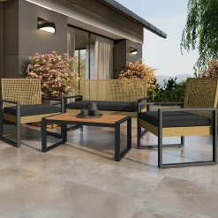 Salotto da giardino 4 posti con cuscini e tavolino acacia nero Timo