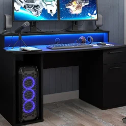 Scrivania gaming 140x91cm moderna con led 2 cassetti nera Crash