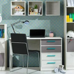 Scrivania moderna 120x60h cm con 3 cubotti  bianco pino grigio blu Maya Gihome®