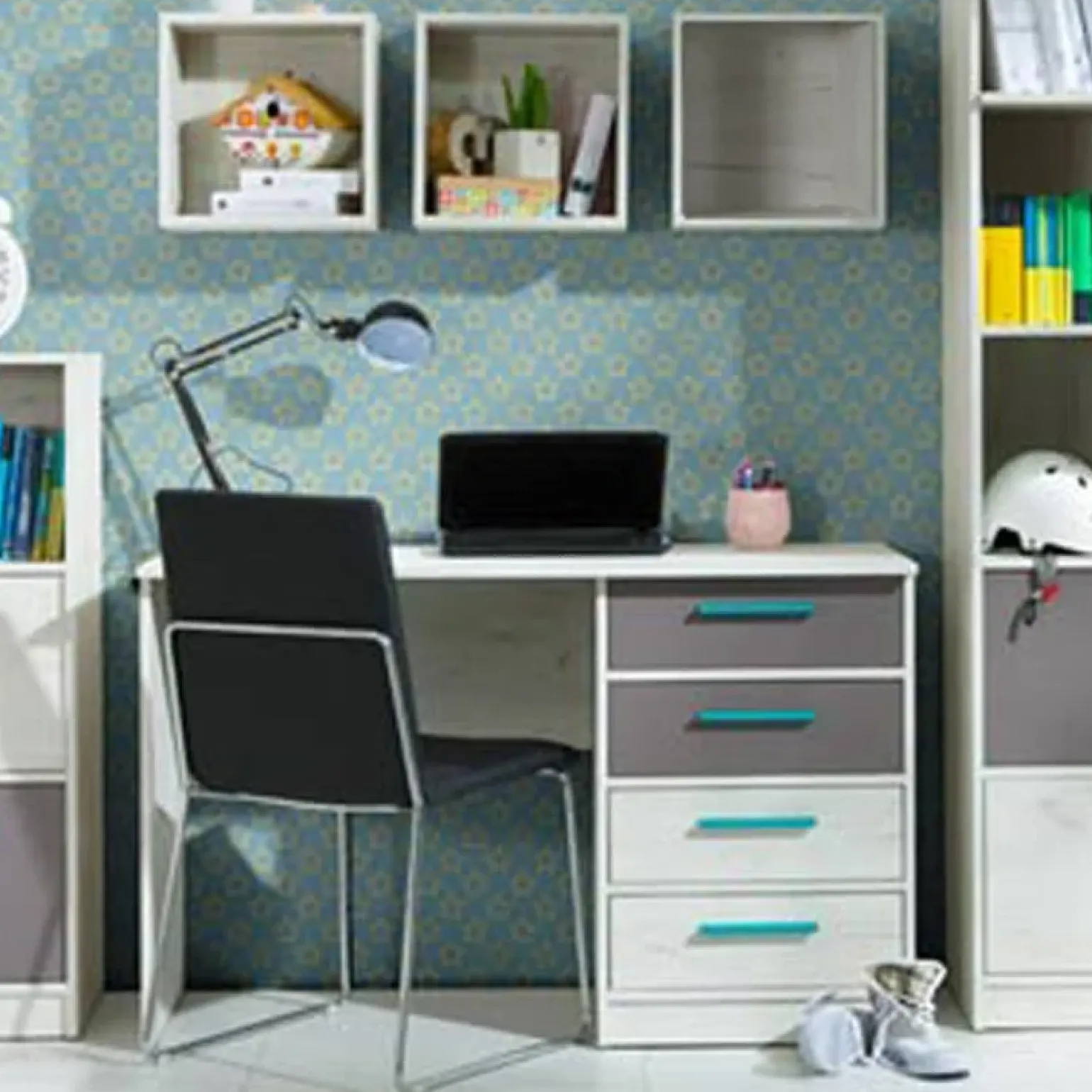 Scrivania moderna 120x60h cm con 3 cubotti bianco pino grigio blu Maya Gihome®