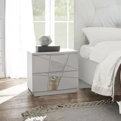 Set 2 comodini 51x48h cm con cassetti bianco opaco frassinato con serigrafia e specchio Olimpo