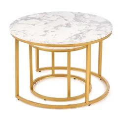 Set 2 tavolini rotondi da salotto effetto marmo bianco oro Lepi