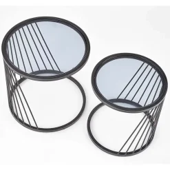 Set 2 tavolini 40x30cm da salotto rotondi vetro fumè acciaio nero Foglia