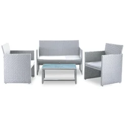 Set giardino 2 poltrone, divano e tavolino in rattan bianco Mara