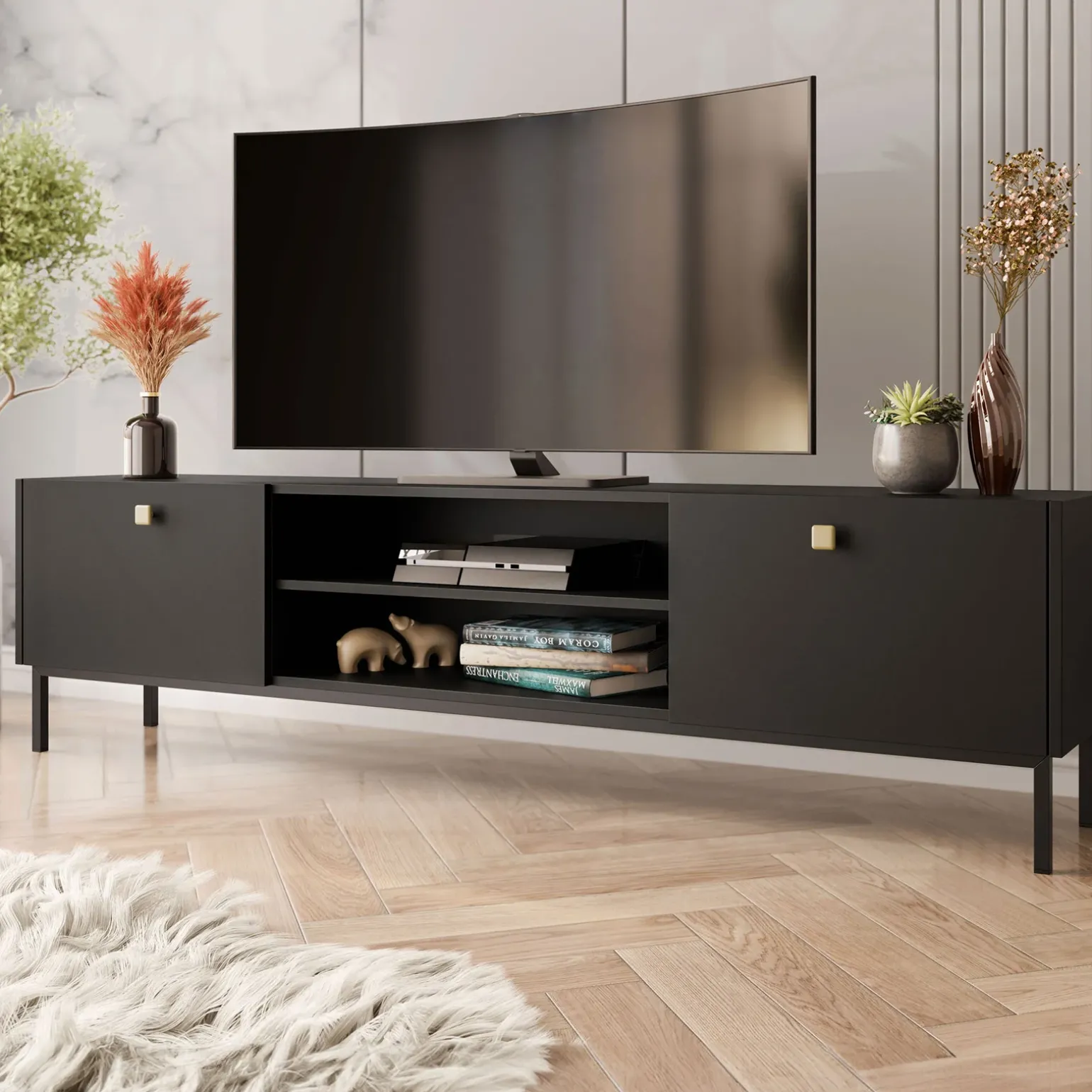 Set mobili soggiorno completo con mobile TV e madia nero opaco Giuggiola