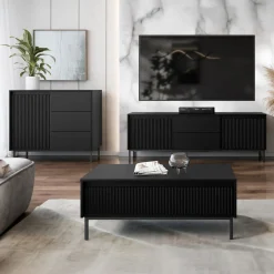 Set mobili soggiorno completo design cannettato nero Strike 2
