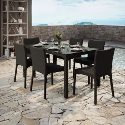 Set tavolo da giardino esterno bar dehors rettangolare 150x90cm + 6 sedie effetto rattan marrone Conchiglia