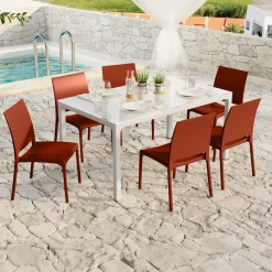 Set tavolo da giardino esterno dehors con vetro 150x90 cm bianco + 6 sedie rosso mattone Ivy