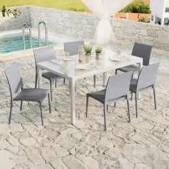 Set tavolo da giardino esterno dehors con vetro 150x90 cm bianco + 6 sedie grigio Ivy