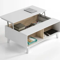 Tavolino da salotto contenitore 100x68cm design elevabile bianco rovere Ines