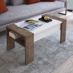 Tavolino da salotto contenitore 100x50cm moderno bianco spatolato noce Emmet Gihome®