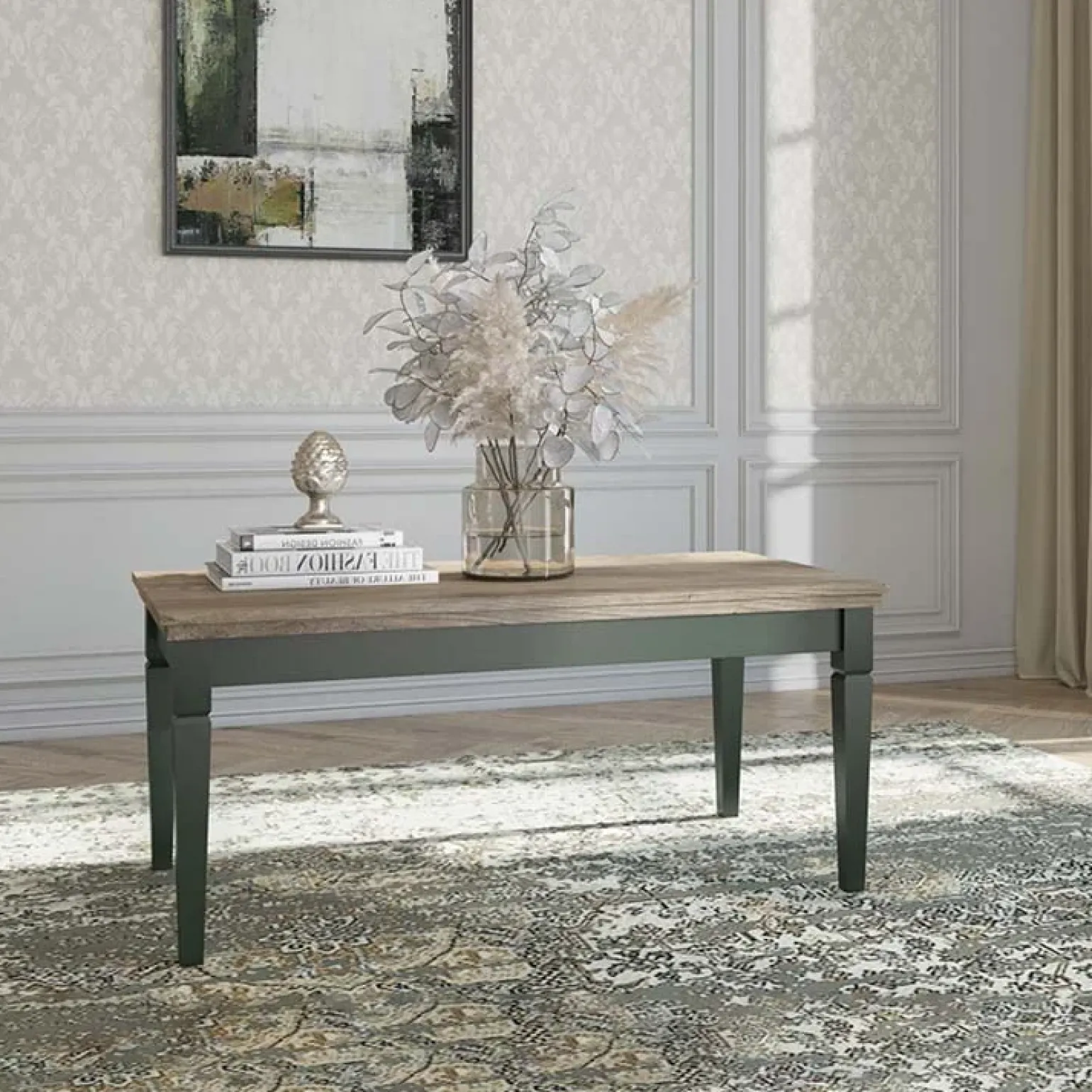 Tavolino da salotto moderno 110x50cm verde scuro quercia Texel