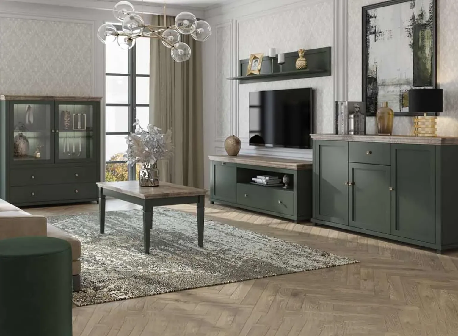 Tavolino da salotto moderno 110x50cm verde scuro quercia Texel