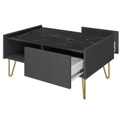 Tavolino da salotto 97x45cm 2 cassetti 1 vano a giorno grafite marmo nero Visby