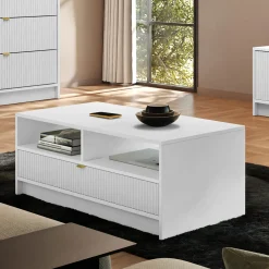 Tavolino da salotto 100x50cm con cassetto cannettato bianco Athena