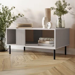 Tavolino da salotto 92x44cm con frontali cannettati beige Ziggy