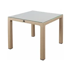 Tavolo da giardino esterno bar dehors 90x90cm polipropilene effetto rattan tortora e vetro Claro