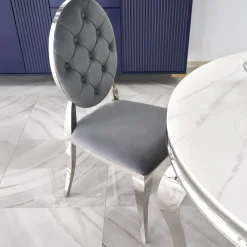 Tavolo da pranzo rotondo 120cm effetto marmo bianco cromato argento Selim