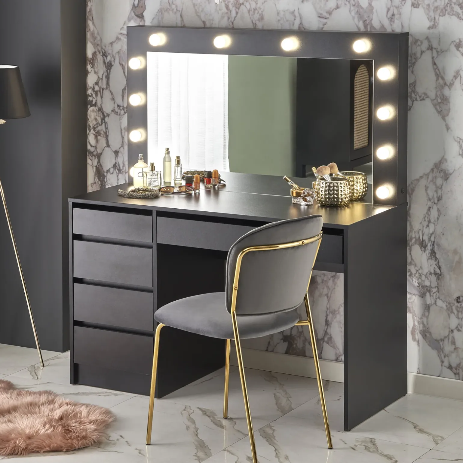 Toeletta da trucco con specchio 120x140cm con LED nero Cherie