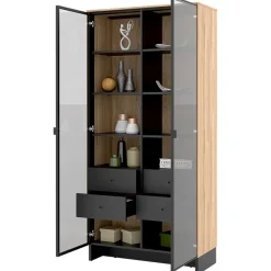 Vetrina alta 92x196h cm 2 ante vetro 4 cassetti interni rovere nero Alabaster