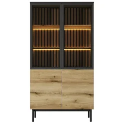 Vetrina alta 100x189h cm 4 ante con led nero opaco rovere Amel
