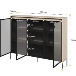 Vetrina bassa 150x118h cm 3 ante led beige nero Camelia