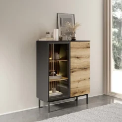 Vetrina bassa 100x126h cm 3 ante con led nero opaco rovere Amel
