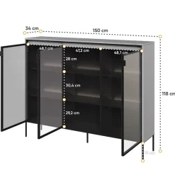 Vetrina bassa 150x118h cm 3 ante led grigio nero Camelia