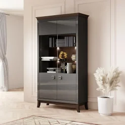 Vetrinetta 116x207h cm 2 ante soggiorno antracite lucido rovere scuro Umag