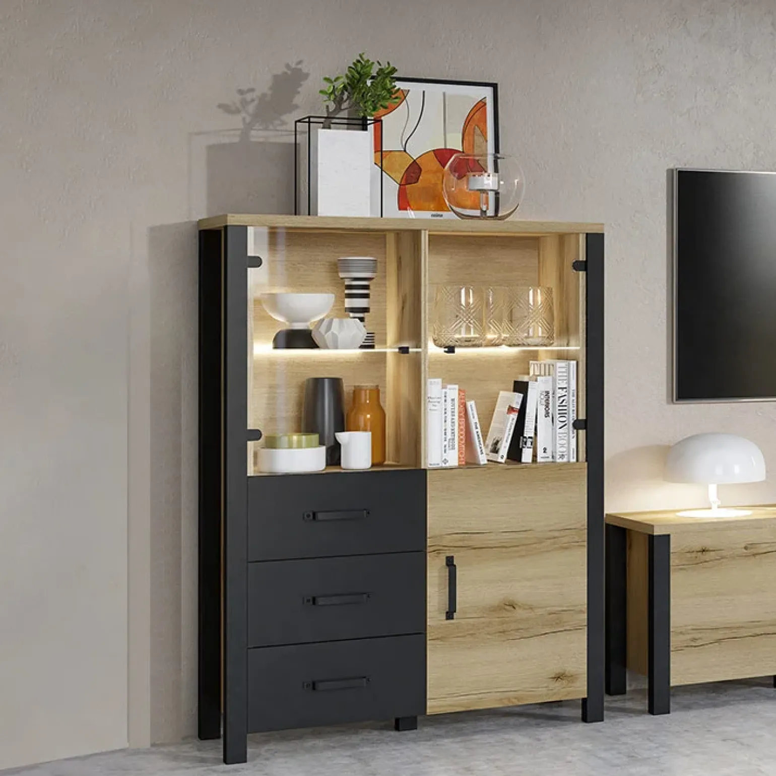 Vetrinetta 101x146h cm industrial 2 ante 3 cassetti rovere nero Nebraska